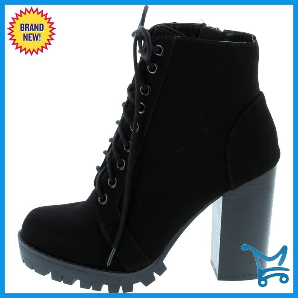 Lace Up Ankle Boots with Stacked Heel and Side Zipper - Picture 1 of 7